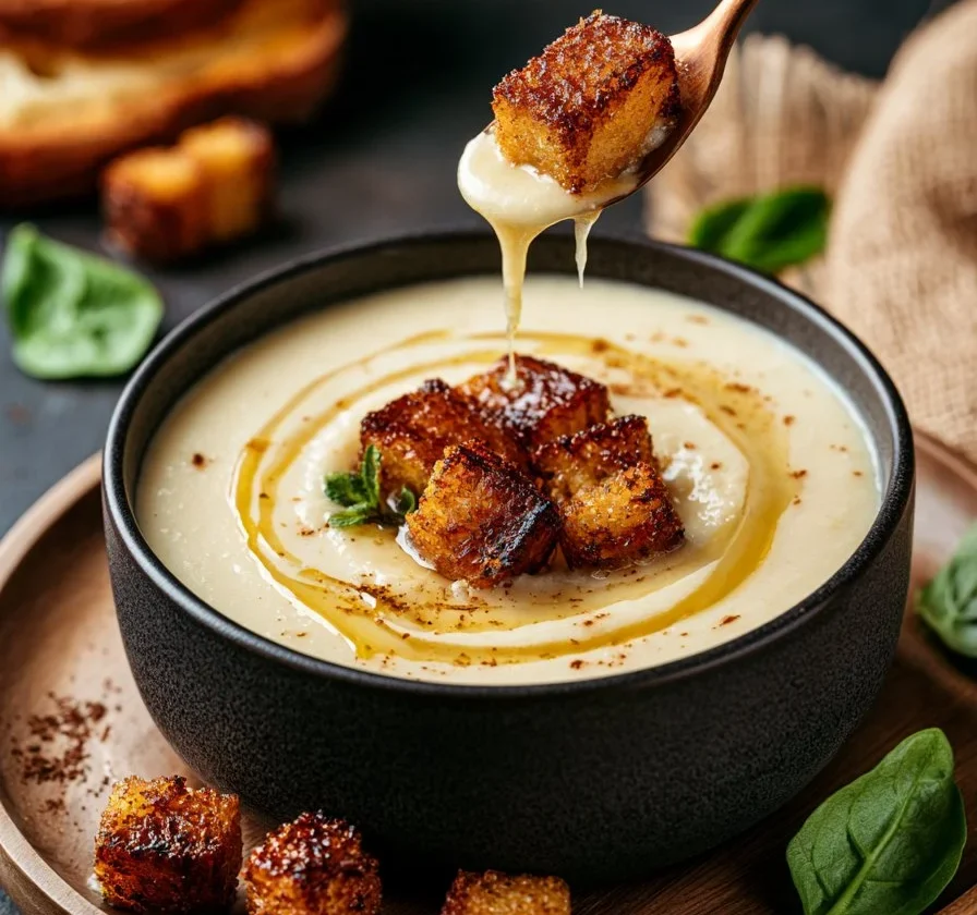 Zuppa di cavolfiore cremosa con crostini al miele servita in una ciotola
