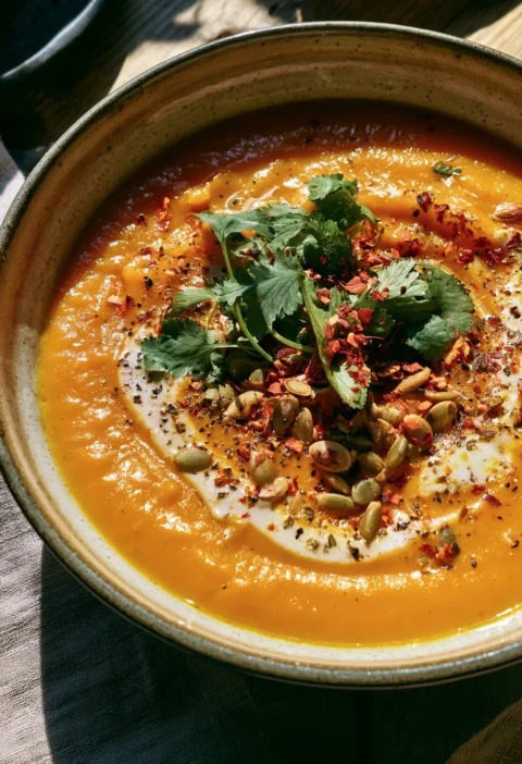 Zuppa di curry con zucca butternut e cocco in una ciotola