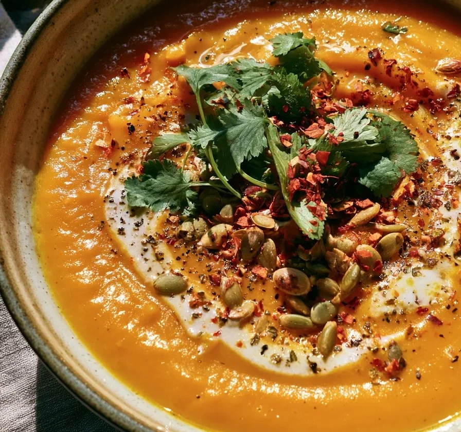Zuppa di curry con zucca butternut e cocco in una ciotola
