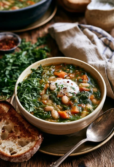 Zuppa di fagioli e erbe alla persiana in una ciotola rustica