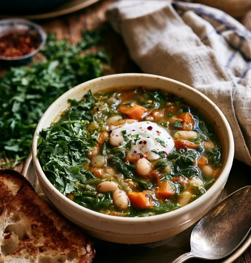 Zuppa di fagioli e erbe alla persiana in una ciotola rustica