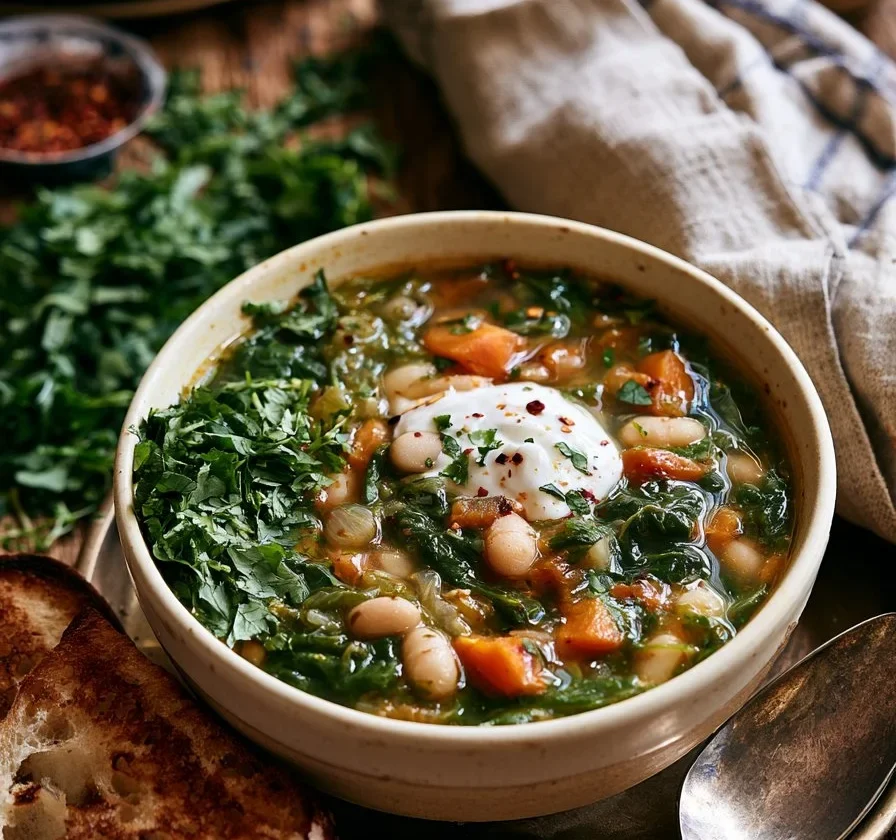 Zuppa di fagioli e erbe alla persiana in una ciotola rustica