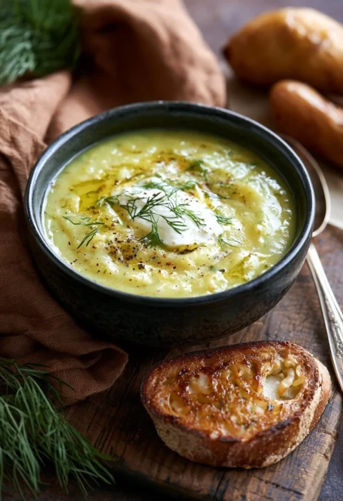 Zuppa di finocchio, patate e aneto servita in una ciotola