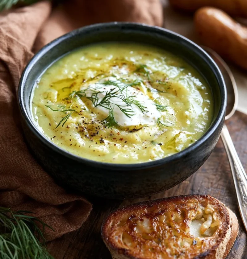 Zuppa di finocchio, patate e aneto servita in una ciotola