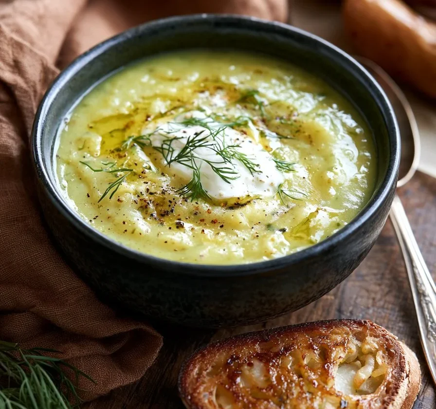 Zuppa di finocchio, patate e aneto servita in una ciotola