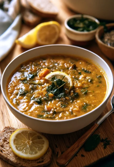 Zuppa di Lenticchie Rosse e Bietola al Limone servita in ciotola.