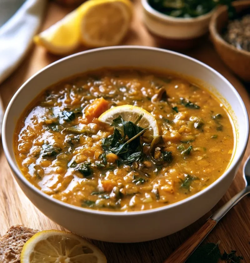 Zuppa di Lenticchie Rosse e Bietola al Limone servita in ciotola.
