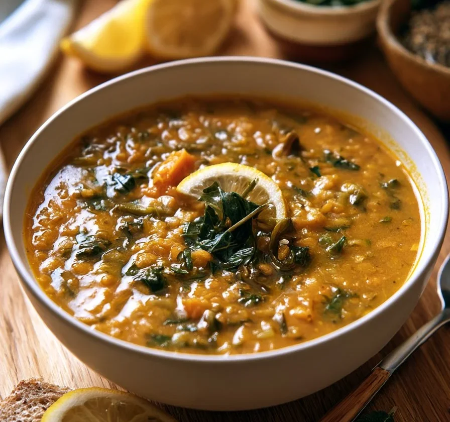 Zuppa di Lenticchie Rosse e Bietola al Limone servita in ciotola.