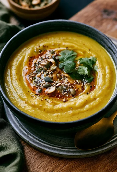 Zuppa di pastinaca e mela al curry servita in una ciotola