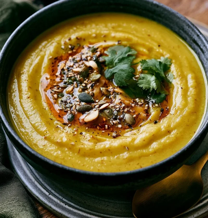 Zuppa di pastinaca e mela al curry servita in una ciotola