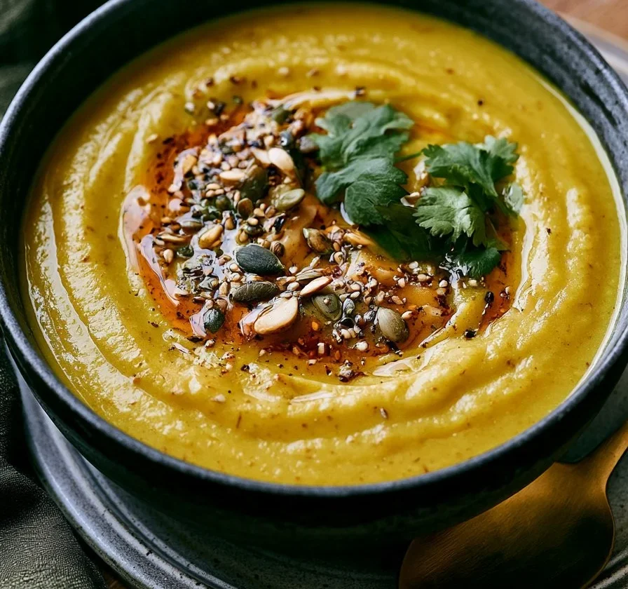 Zuppa di pastinaca e mela al curry servita in una ciotola