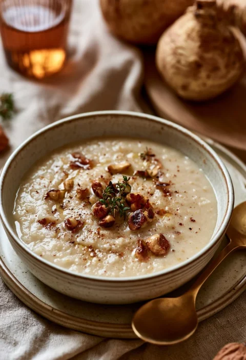 Zuppa di Sedano Rapa con Mela e Nocciole in ciotola, piatto autunnale nutriente