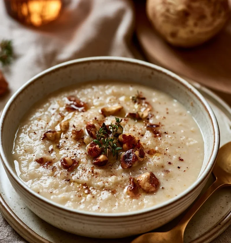 Zuppa di Sedano Rapa con Mela e Nocciole in ciotola, piatto autunnale nutriente