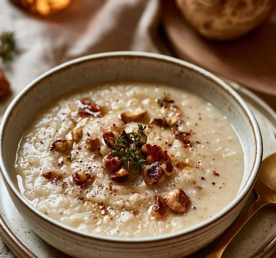Zuppa di Sedano Rapa con Mela e Nocciole in ciotola, piatto autunnale nutriente