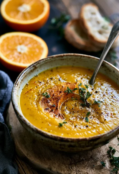 Zuppa di zucca arrosto con zafferano e arancia servita in una ciotola