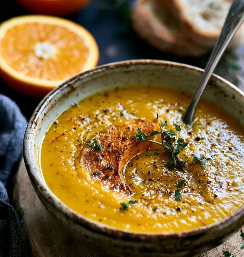 Zuppa di zucca arrosto con zafferano e arancia servita in una ciotola