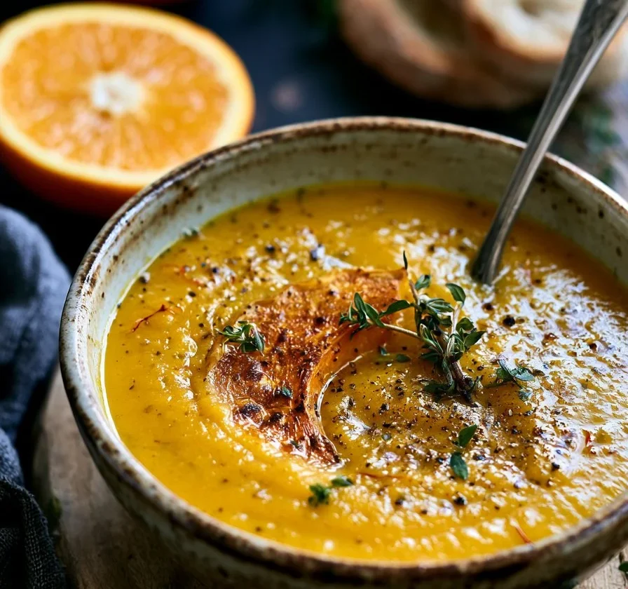 Zuppa di zucca arrosto con zafferano e arancia servita in una ciotola