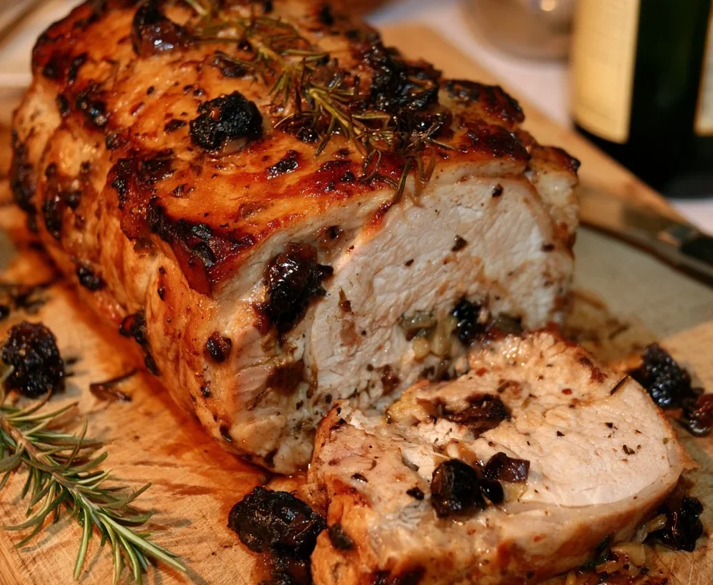 Arista di maiale con prugne e rosmarino servita in un piatto elegante.