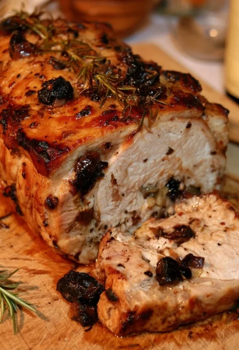 Arista di maiale con prugne e rosmarino servita in un piatto elegante.