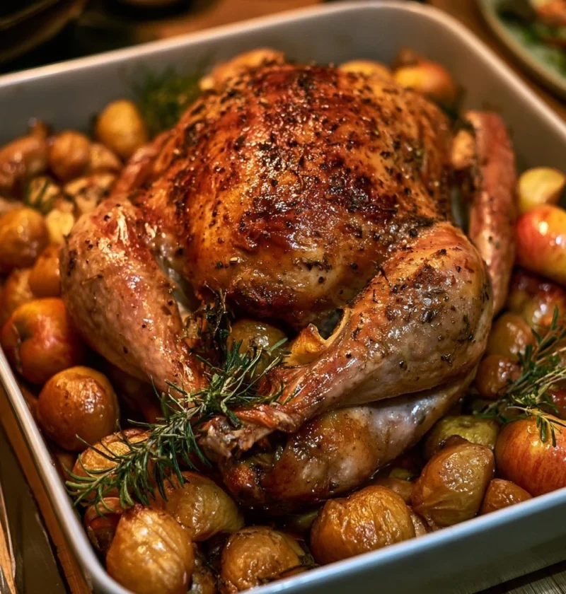 Arrosto di tacchino con castagne e mele servito con contorni festivi