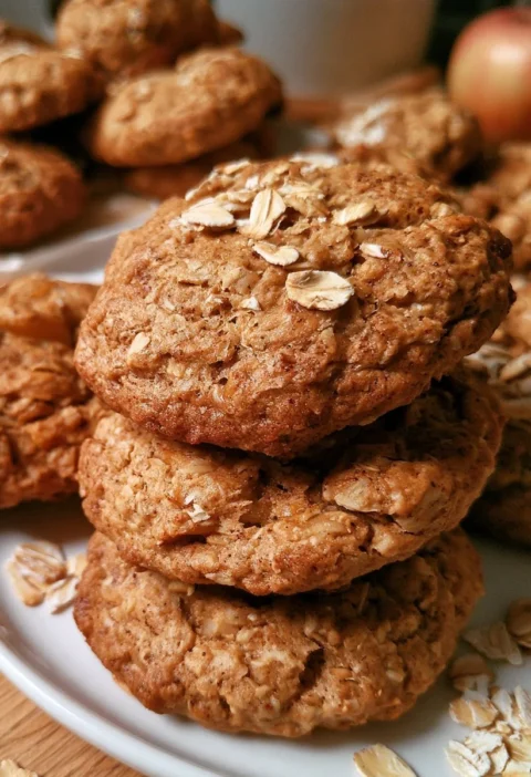 Biscotti avena, mela e cannella appena sfornati in un piatto di ceramica.