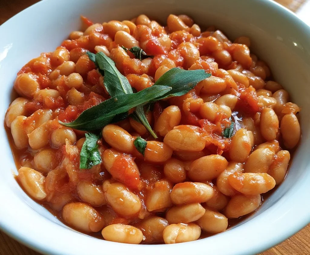 Borlotti in umido con pomodoro e salvia serviti in un piatto