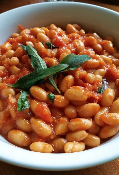 Borlotti in umido con pomodoro e salvia serviti in un piatto