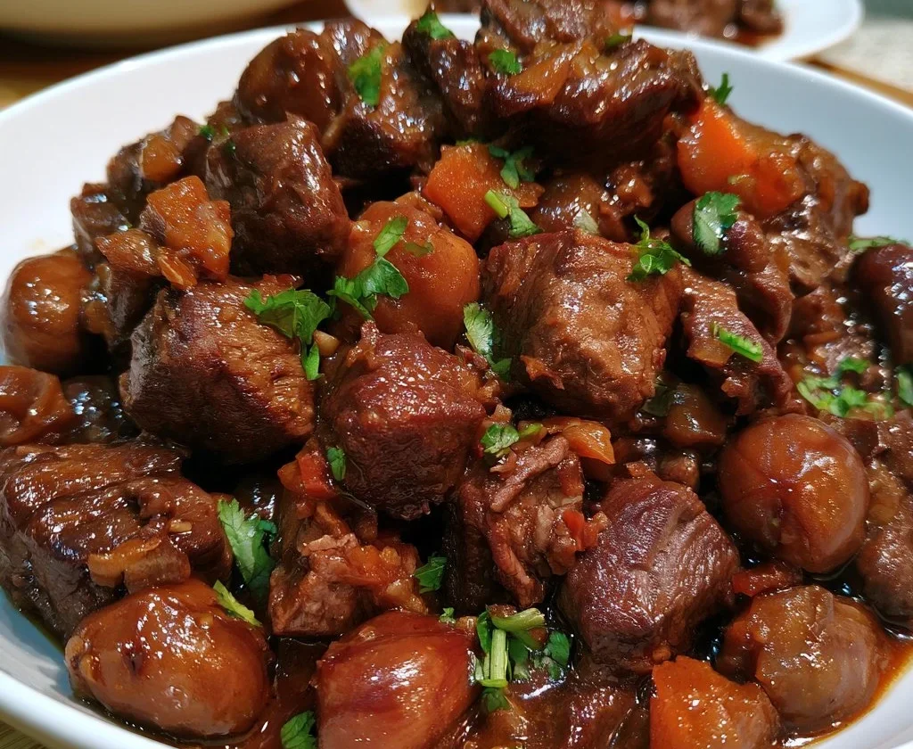 Brasato di manzo con castagne, un piatto tipico della cucina italiana.