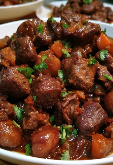 Brasato di manzo con castagne, un piatto tipico della cucina italiana.