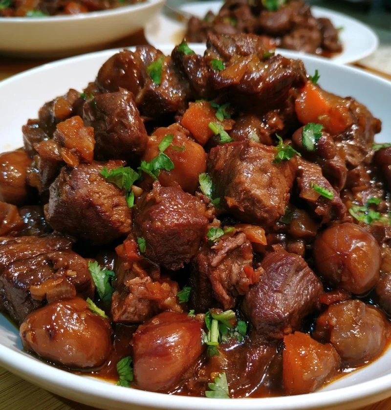Brasato di manzo con castagne, un piatto tipico della cucina italiana.