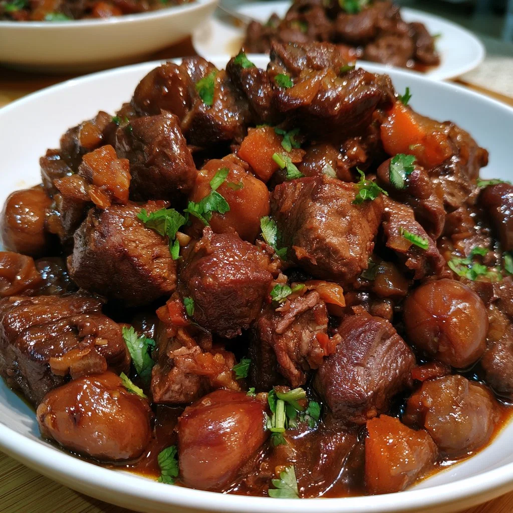 Brasato di manzo con castagne, un piatto tipico della cucina italiana.