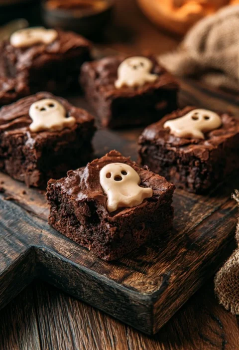 Brownies al cioccolato fantasma presentati in un piatto decorativo