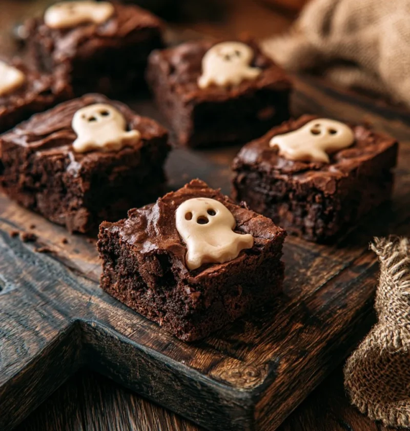 Brownies al cioccolato fantasma presentati in un piatto decorativo