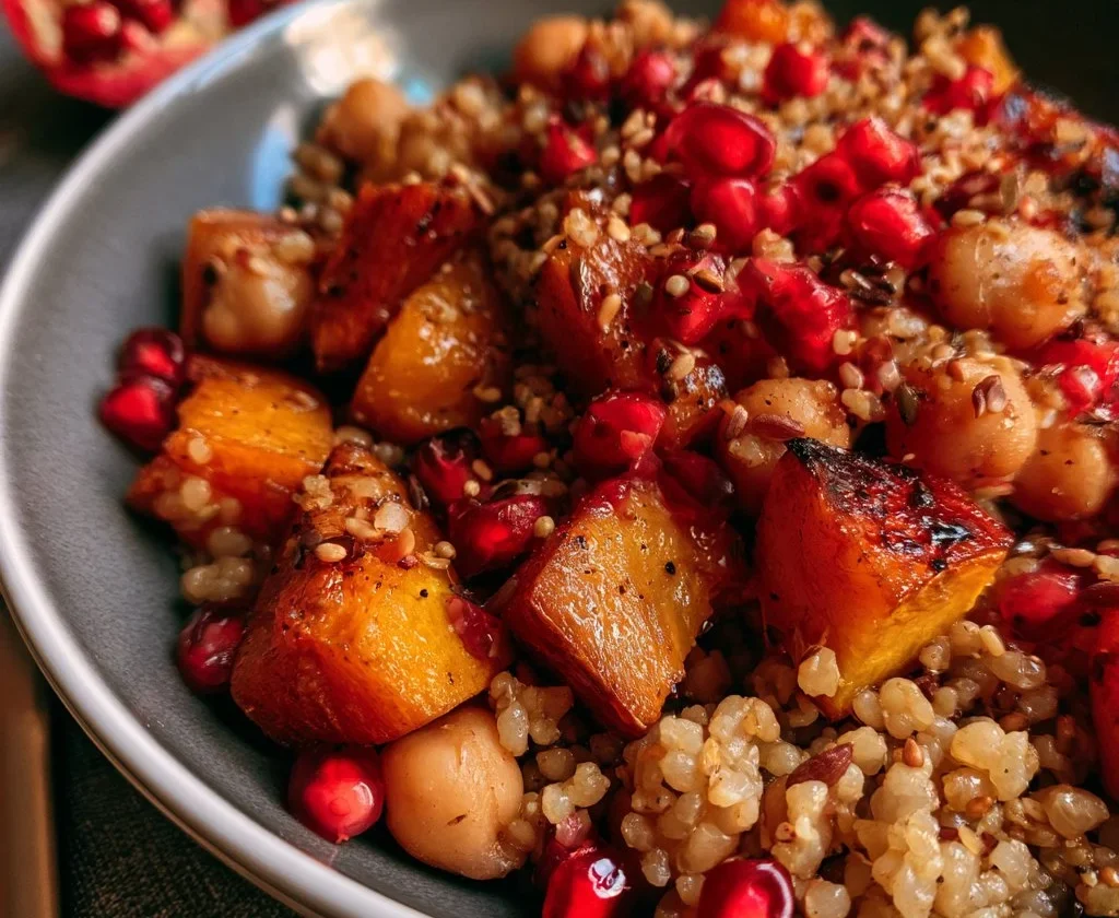 Insalata di bulgur con zucca, melagrana e ceci decorata su un piatto