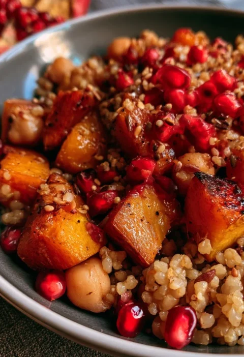 Insalata di bulgur con zucca, melagrana e ceci decorata su un piatto