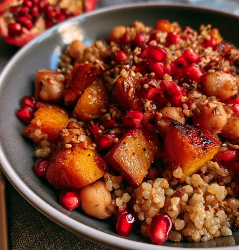 Insalata di bulgur con zucca, melagrana e ceci decorata su un piatto