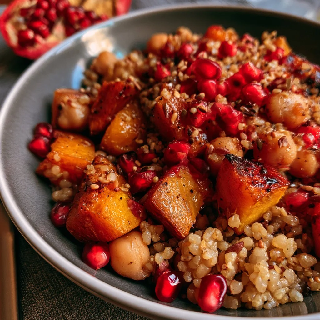 Insalata di bulgur con zucca, melagrana e ceci decorata su un piatto