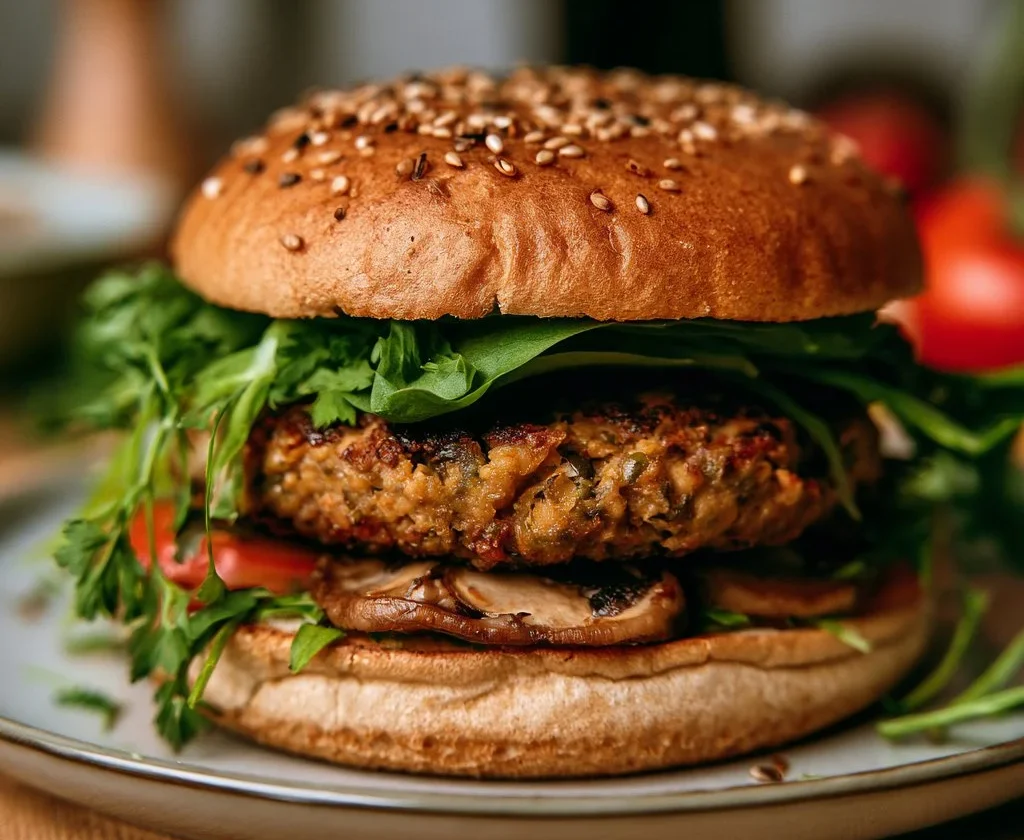 Burger di ceci e funghi servito con contorni freschi