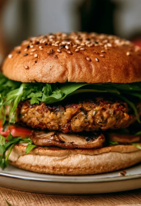 Burger di ceci e funghi servito con contorni freschi