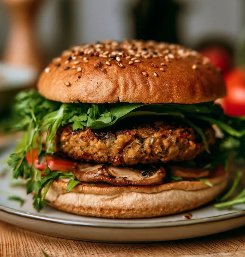 Burger di ceci e funghi servito con contorni freschi