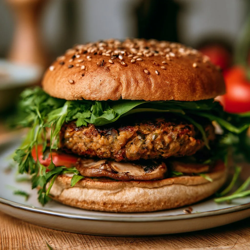 Burger di ceci e funghi servito con contorni freschi