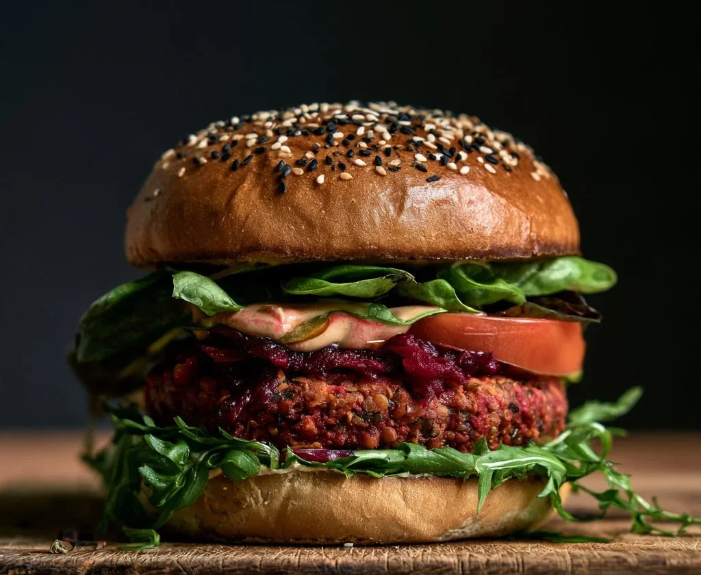 Burger di lenticchie e barbabietola, piatto vegano sano e gustoso