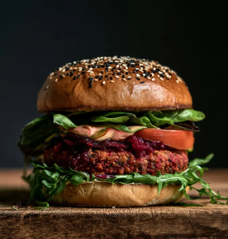 Burger di lenticchie e barbabietola, piatto vegano sano e gustoso