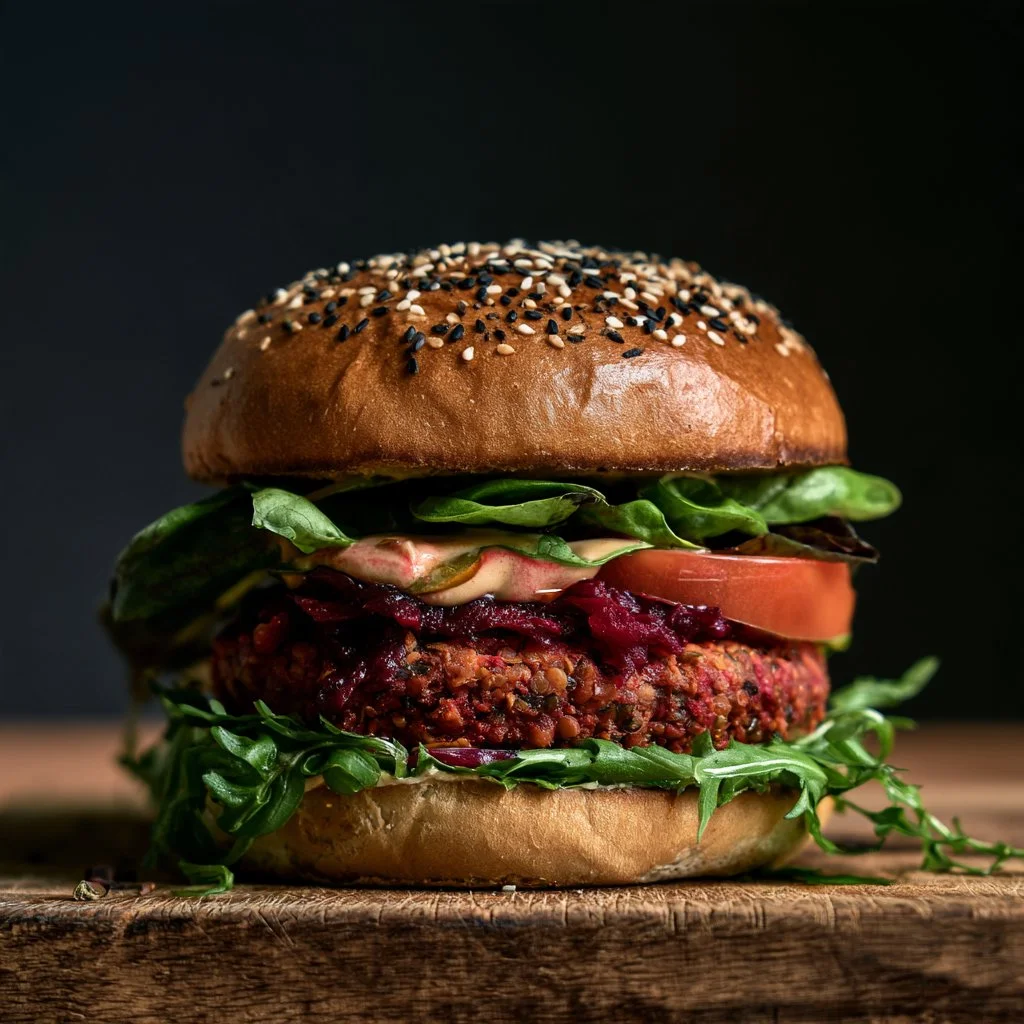 Burger di lenticchie e barbabietola, piatto vegano sano e gustoso