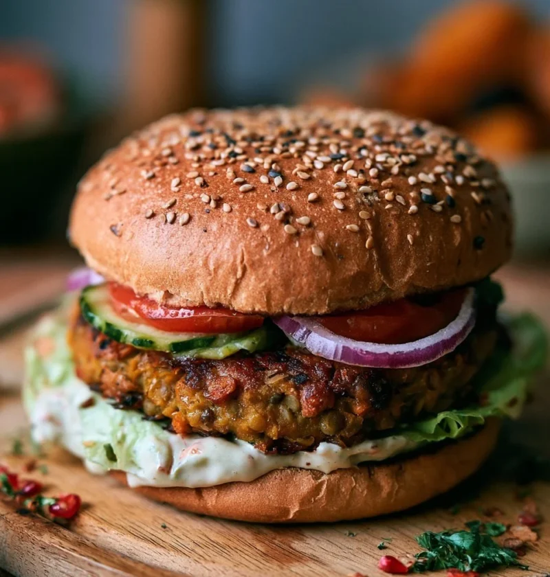 Burger di lenticchie e zucca serviti con contorni freschi