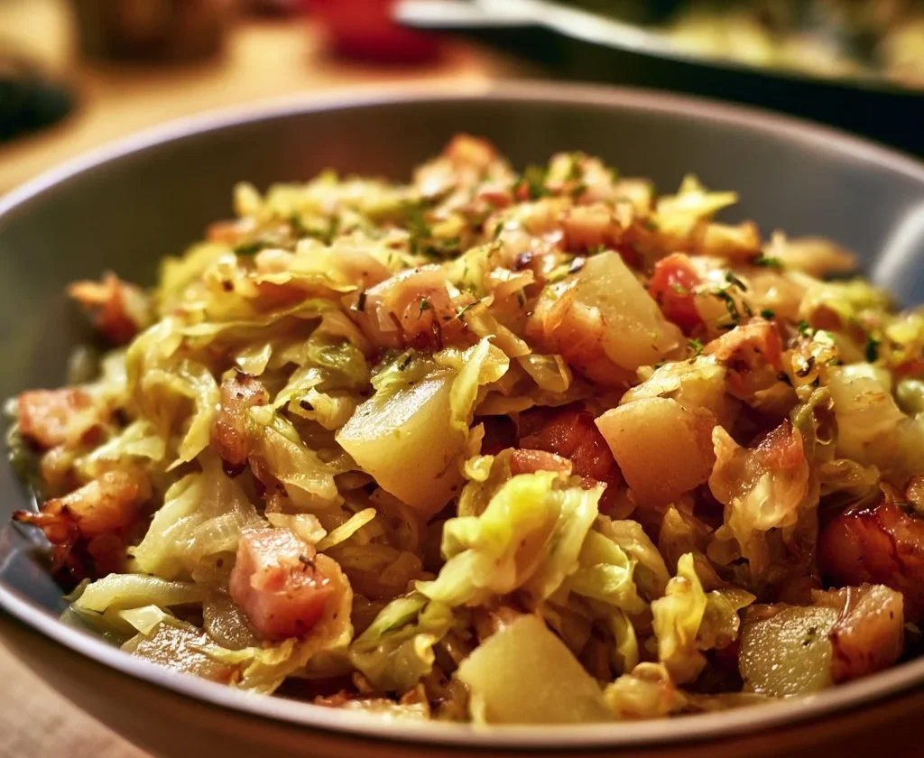 Cavolo cappuccio stufato con mele e speck, un piatto gustoso e autunnale.
