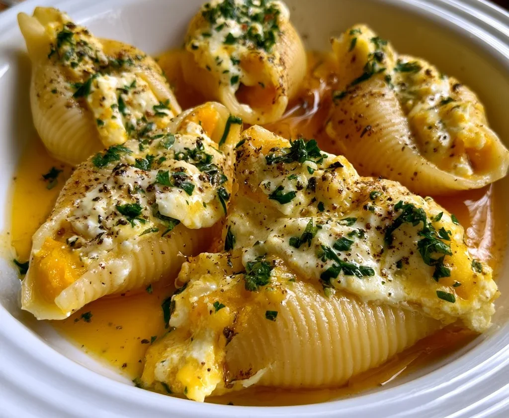 Conchiglioni ripieni di zucca e ricotta su un piatto decorato