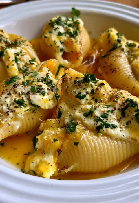 Conchiglioni ripieni di zucca e ricotta su un piatto decorato