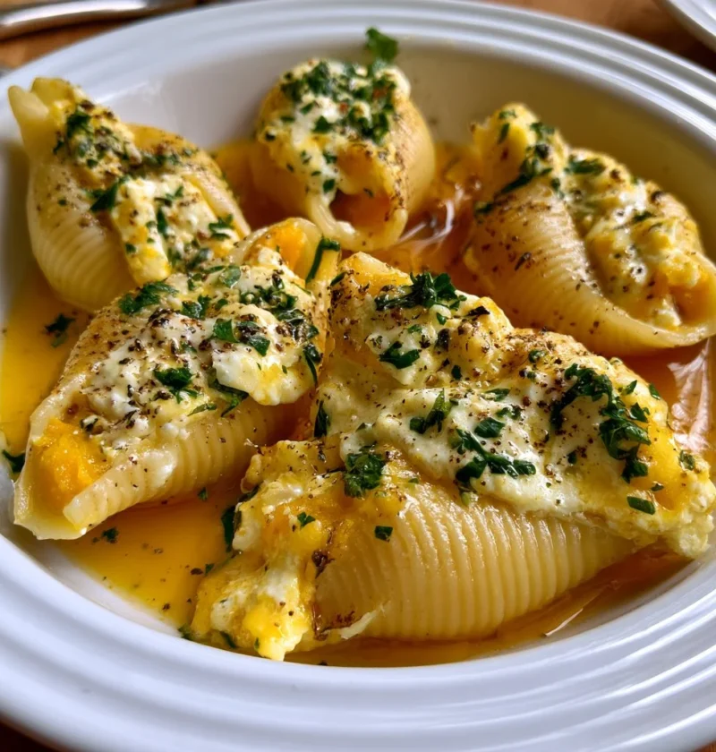 Conchiglioni ripieni di zucca e ricotta su un piatto decorato