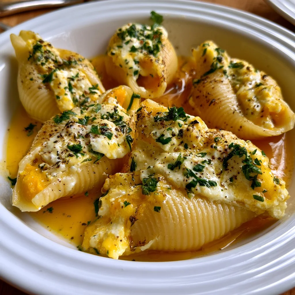 Conchiglioni ripieni di zucca e ricotta su un piatto decorato